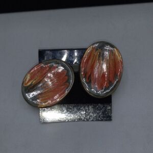 Hand-Painted Oval Statement Earrings in Coral and Olive